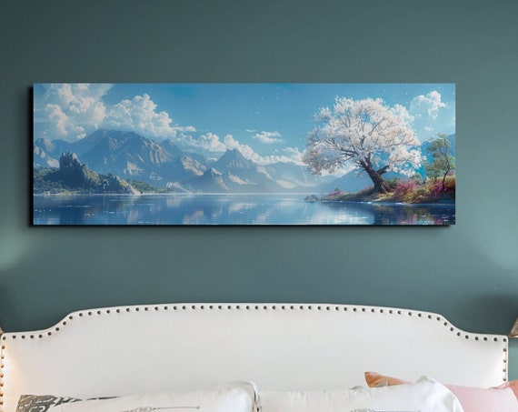 Fantasy Mountain Scape Trees Wall Art Print Panoramic Wall Home Decor Livingroom Art Ready To Hang Nature Decor Lake House Art