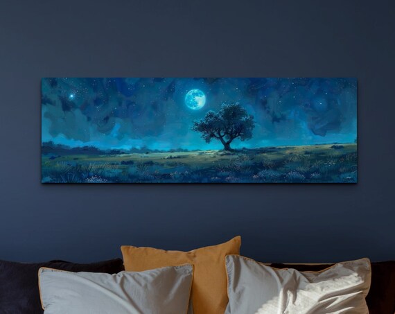 Moonlit Tree Horizon Under Starry Night Sky Panoramic Art Poster