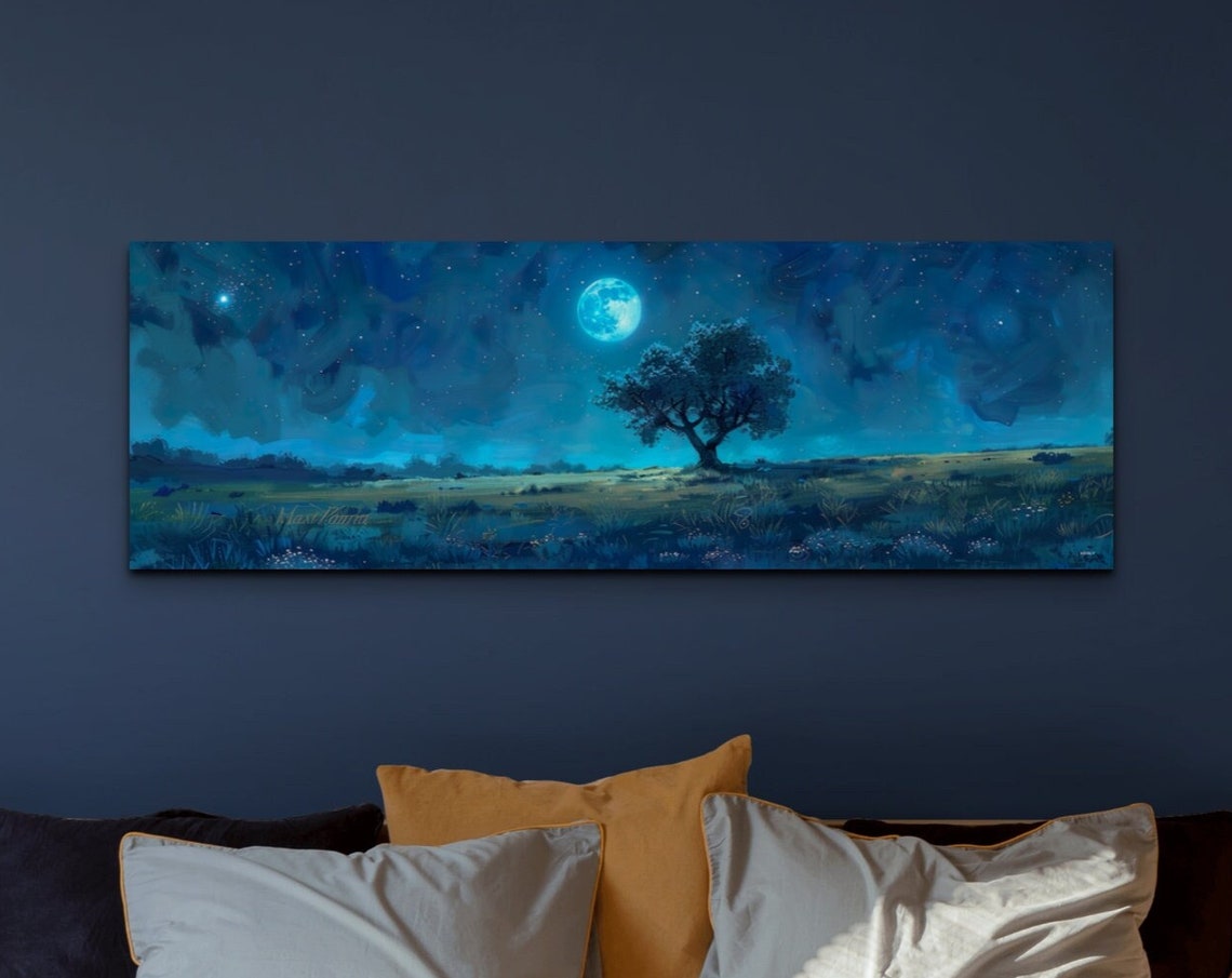 Moonlit Tree Horizon Under Starry Night Sky Panoramic Art Poster