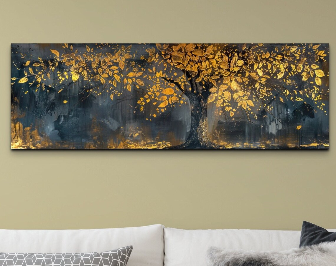 Majestic Black And Gold Tree Panoramic Art Print