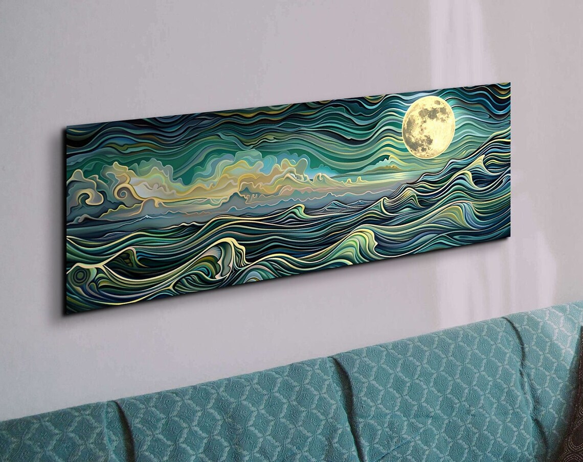 Abstract Ocean Waves Under A Full Moon Art Print