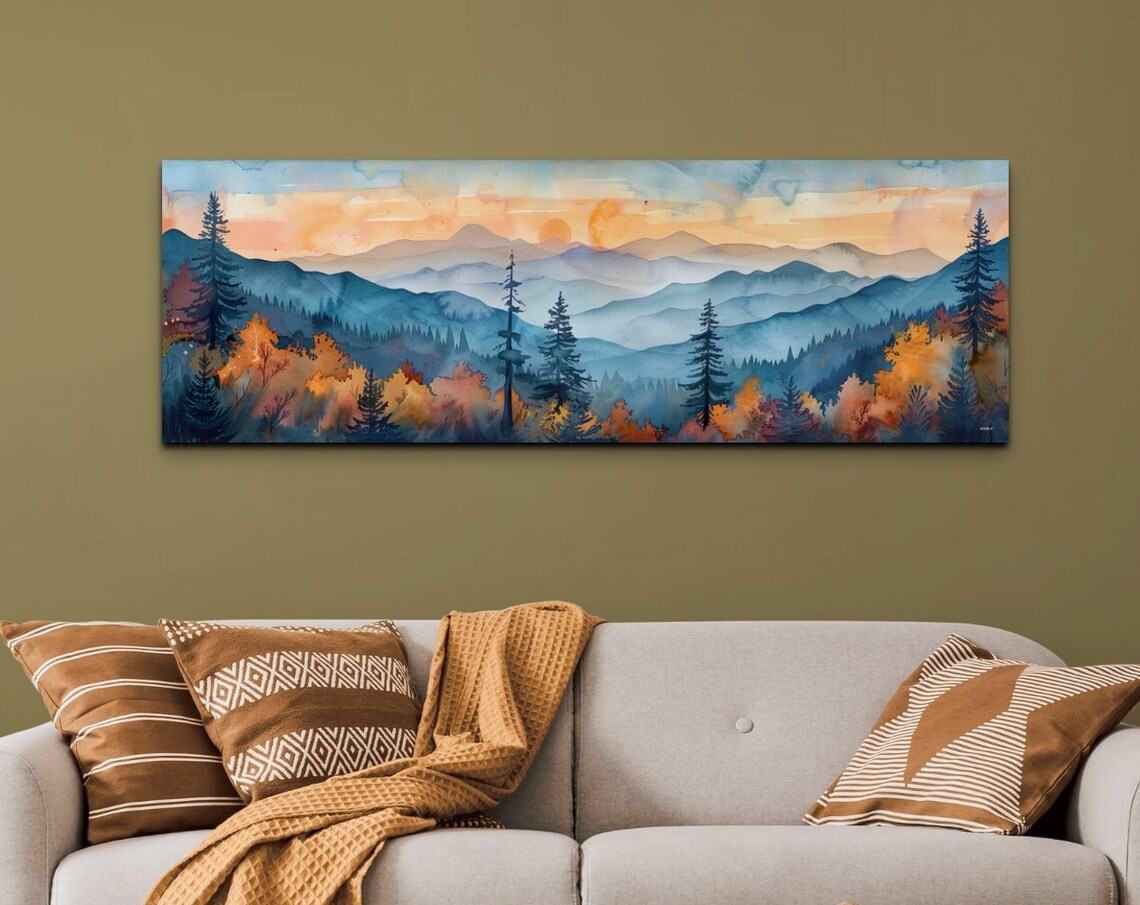 Sunset Over Mountain Ridges Autumn Pines Watercolor Panorama Poster