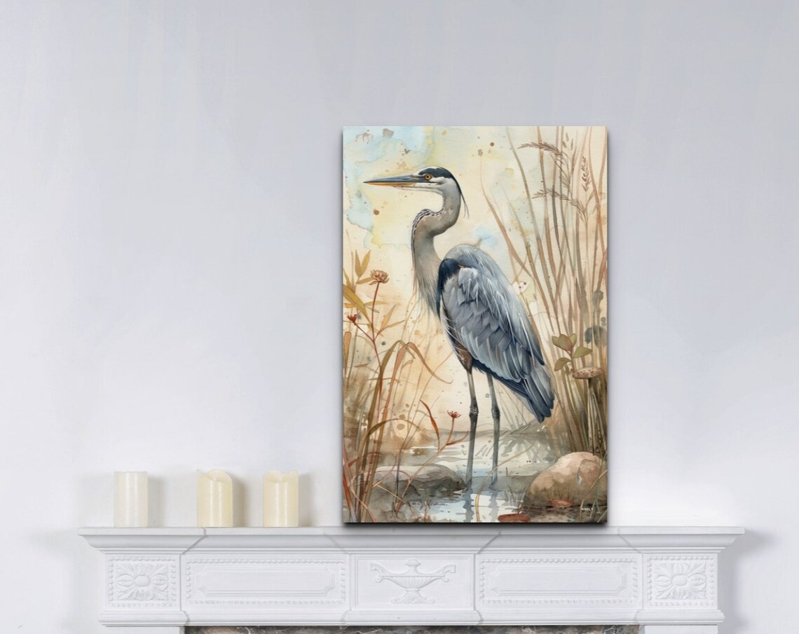 Great Blue Heron Golden Wetland Watercolor Bird Nature Poster