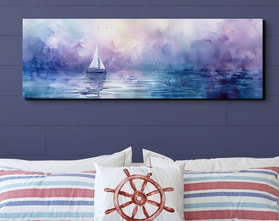 Watercolor Sailboat on Dreamy Purple Sea Coastal Nautical Poster