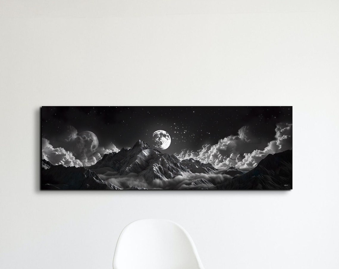 Black And White Mountains Above The Clouds Moonlit Night Poster