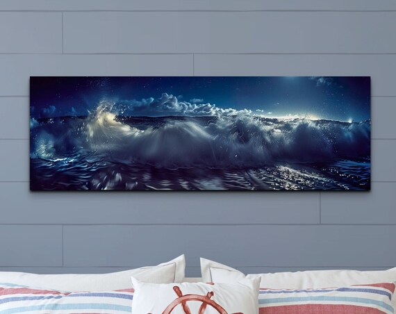 Giant Ocean Wave Under Moonlight Night Seascape Panorama Wall Art