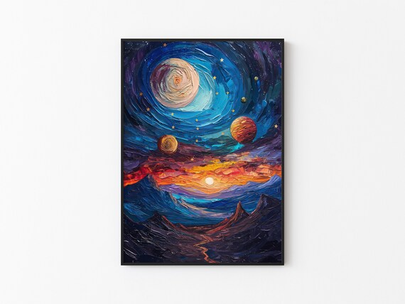 Blue Spiral Galaxy Three Planets Sunset Mountains Impasto Poster