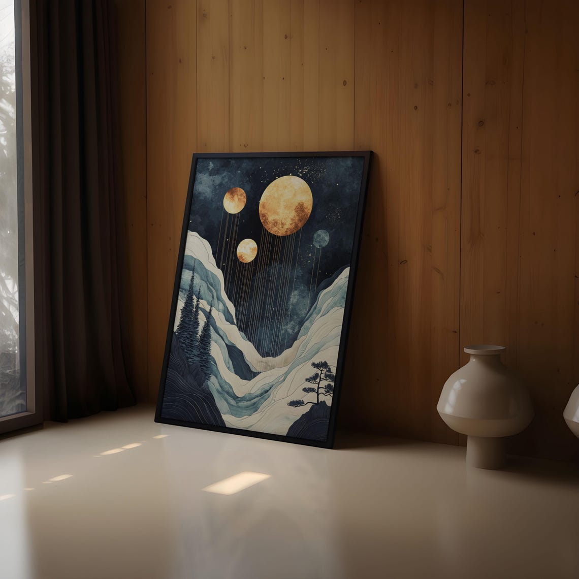 Four Golden Moons Evergreen Valley Night Sky Pines Poster Art - Image 2