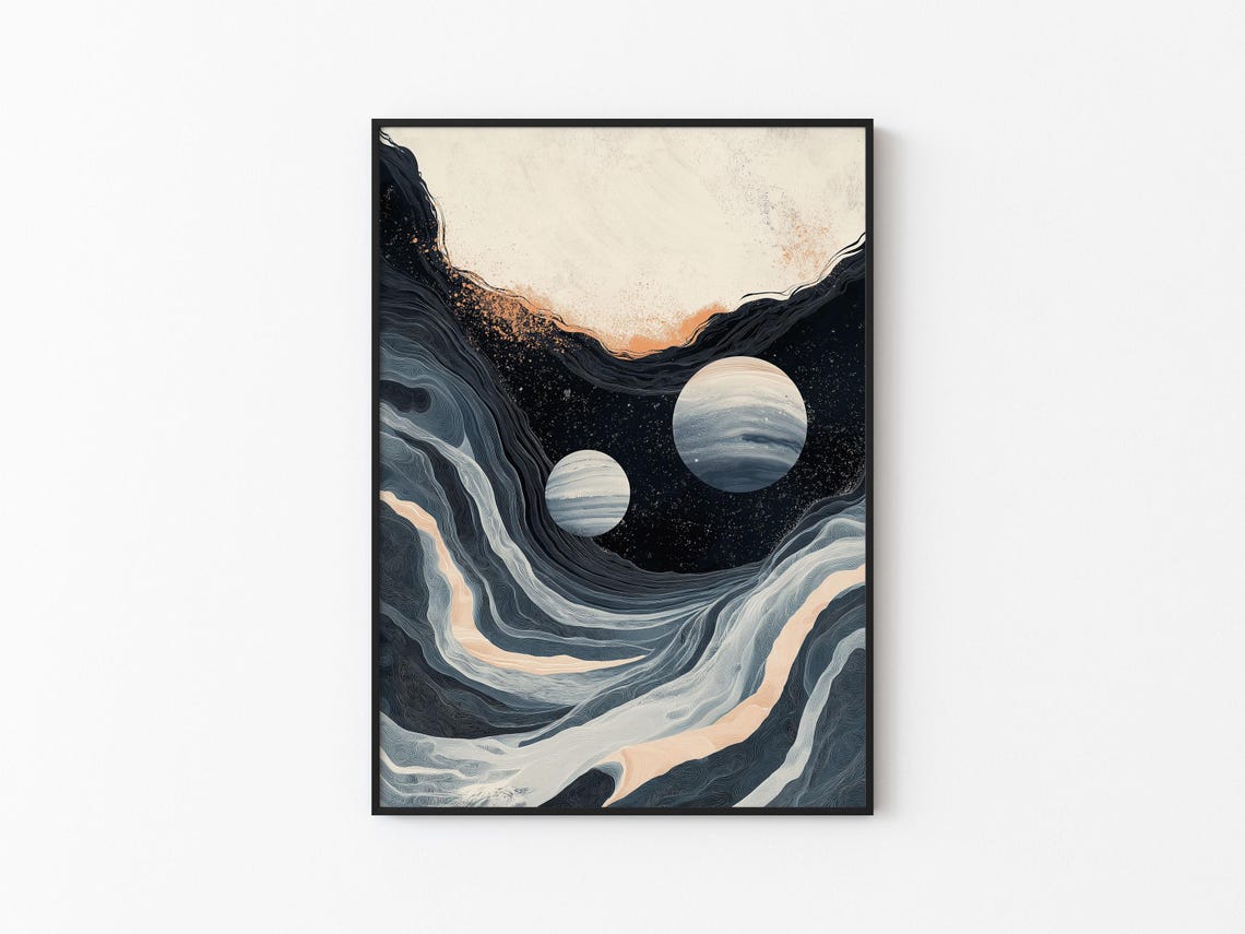 Two Planets Starry Sky Marble Wave Abstract Cosmic Print Art - Image 3