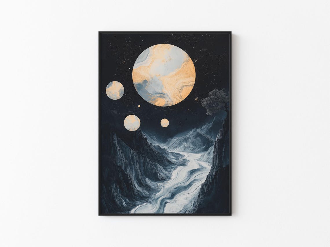 Golden Moon Cosmic Valley Night Mountain Landscape Fantasy Art Poster - Image 3