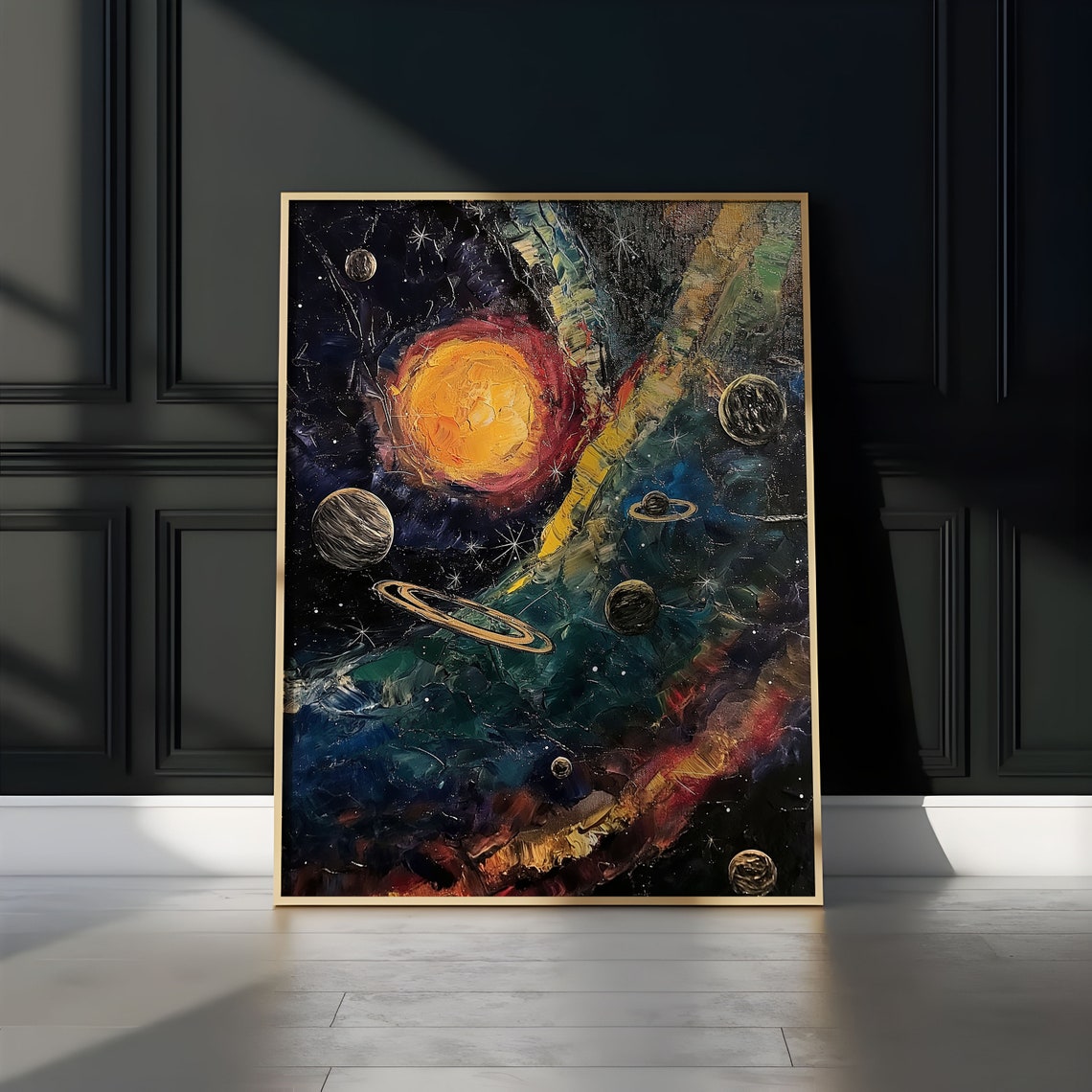 Ringed Planets Fiery Orange Sun Teal Sky Impasto Cosmic Poster - Image 3