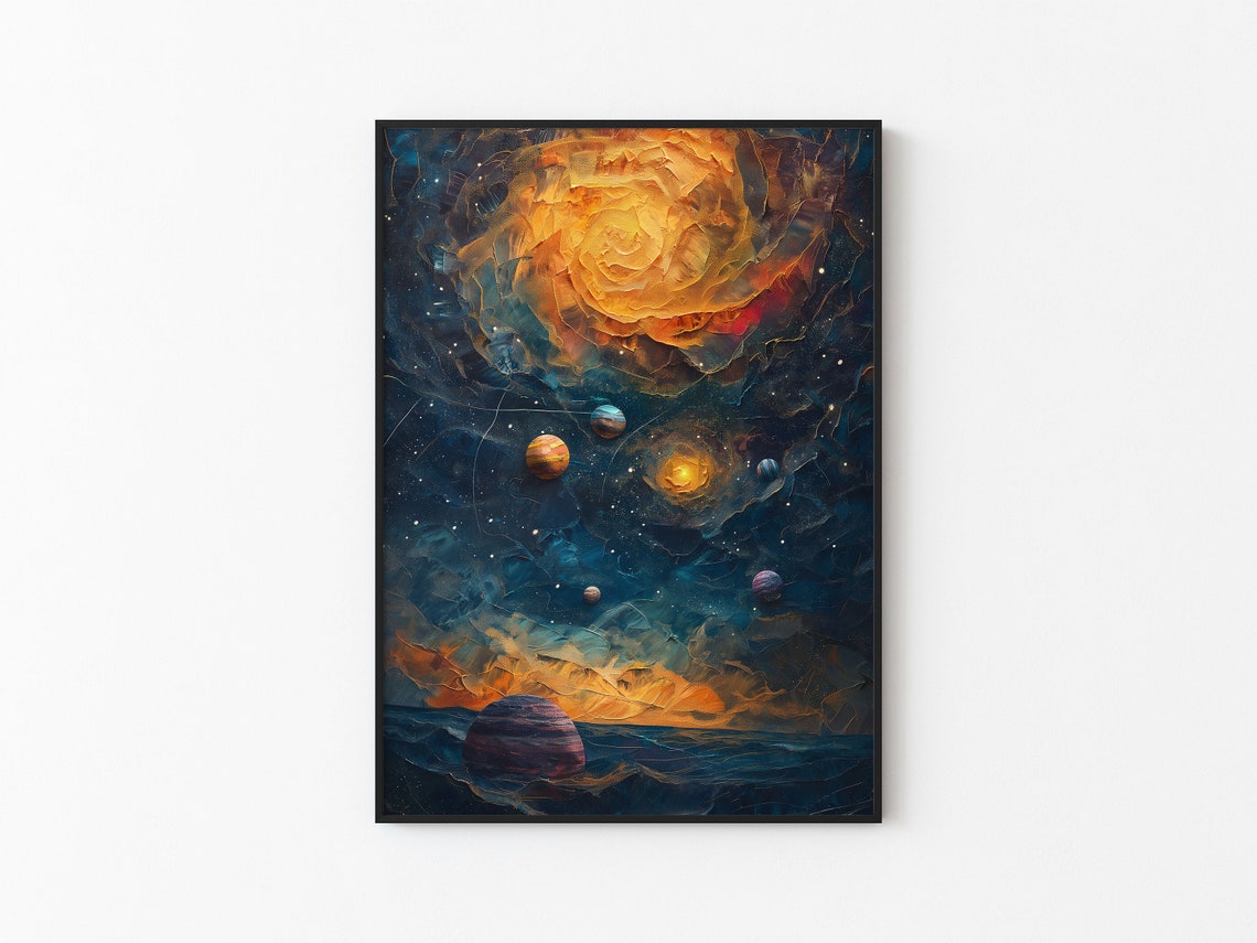 Orange Spiral Sun Starry Sky Planets Impasto Cosmic Art Poster