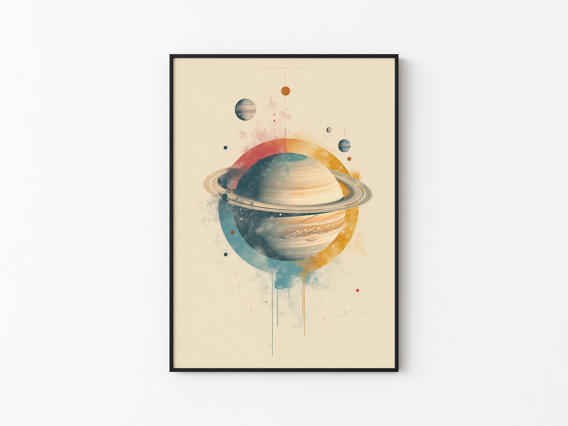 Saturn in Sunset Circle Teal Drip Watercolor Abstract Wall Art