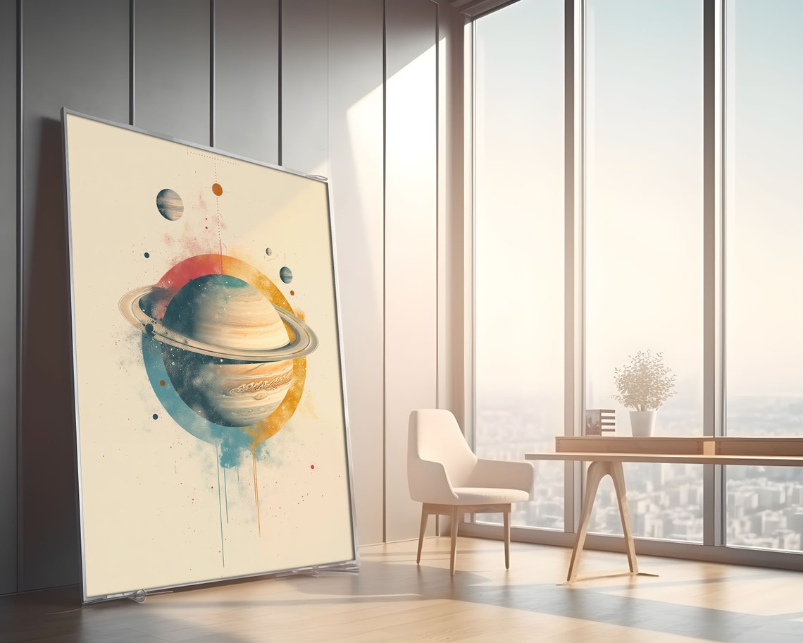 Saturn in Sunset Circle Teal Drip Watercolor Abstract Wall Art - Image 2
