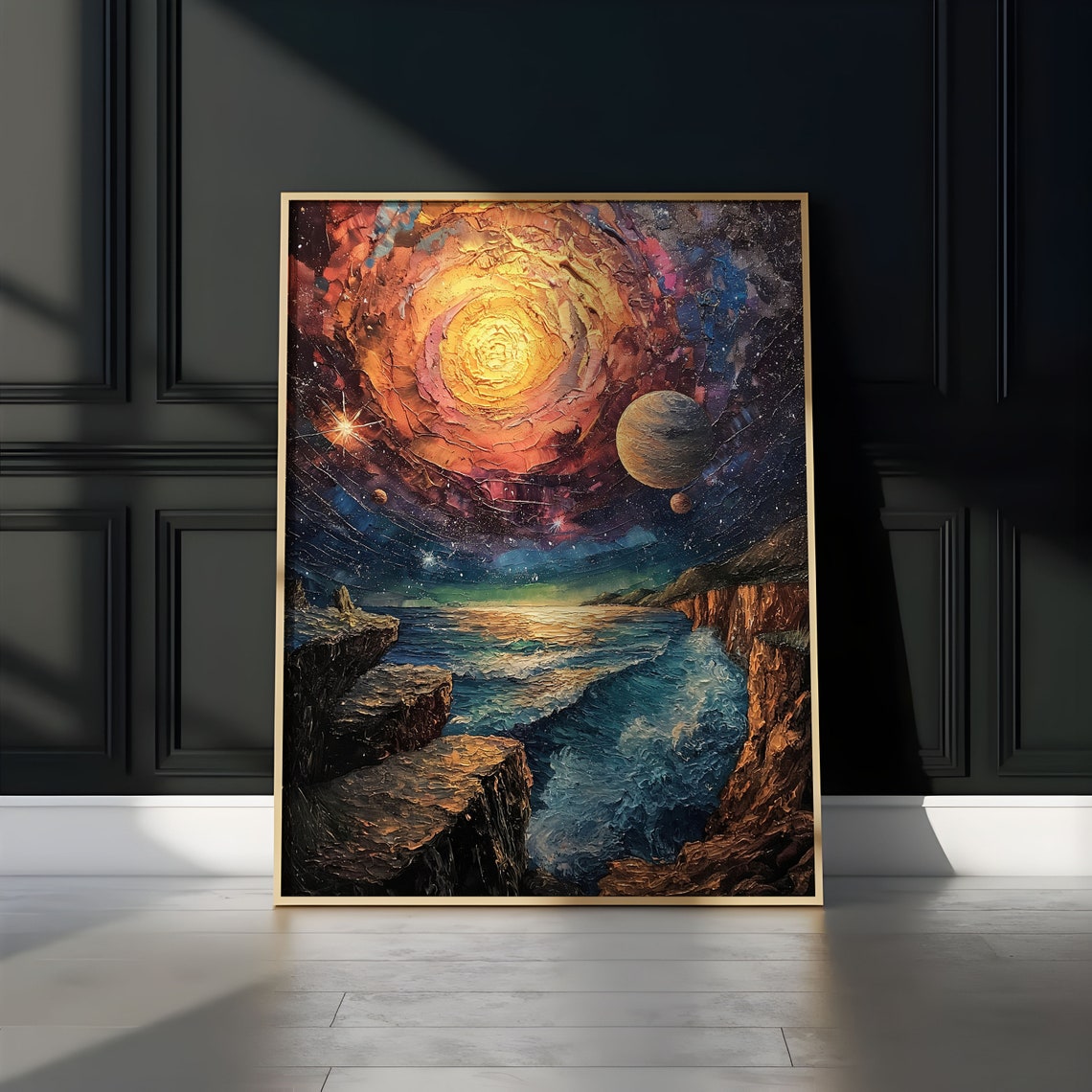 Golden Spiral Galaxy Ocean Cliffs Impasto Cosmic Dream Art Poster - Image 3
