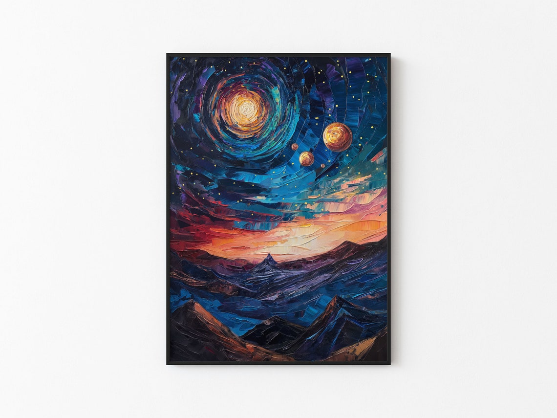 Blue Orange Spiral Galaxy Purple Mountains Gold Planets Poster