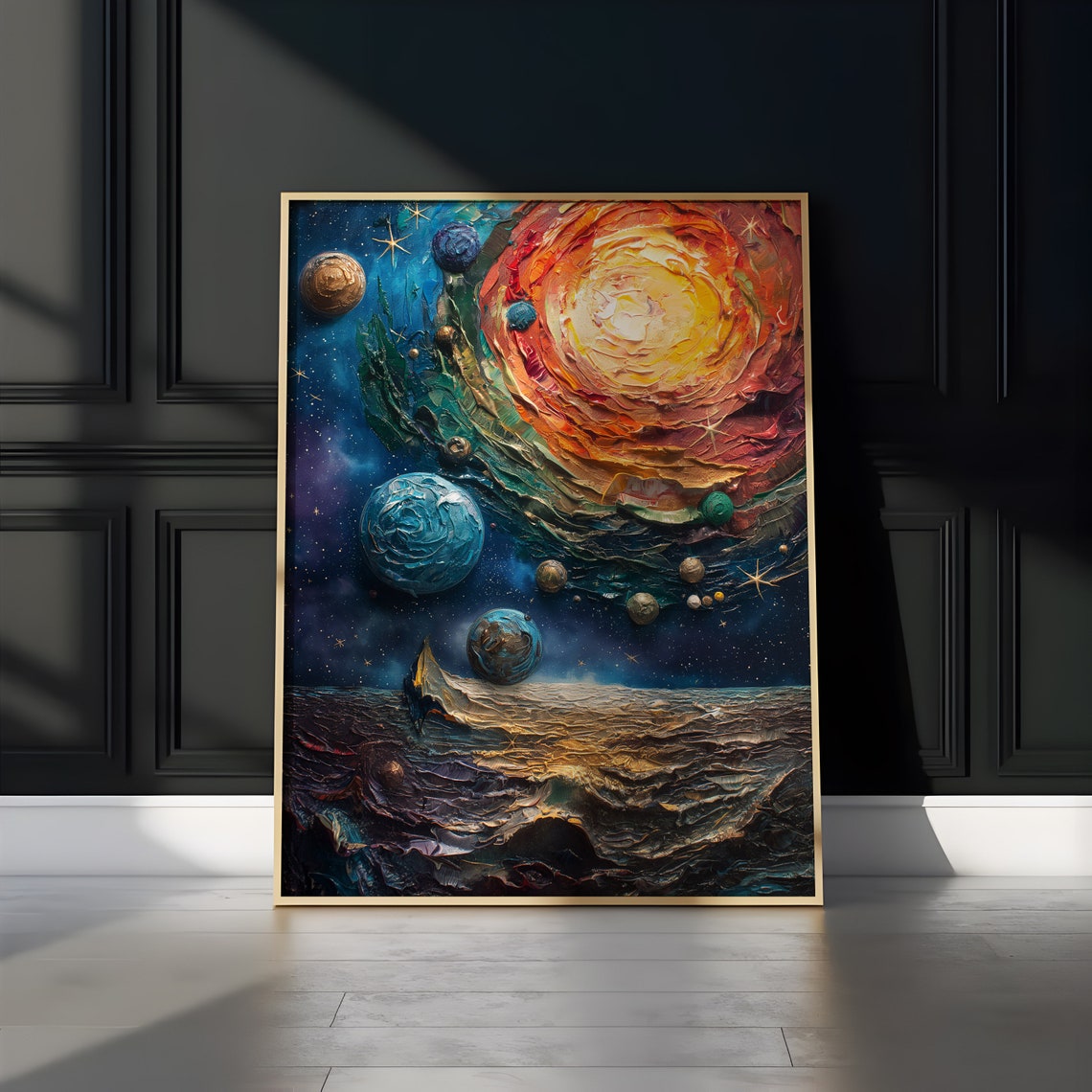 Orange Spiral Sun Teal Planet Ocean Waves Impasto Art Poster - Image 2