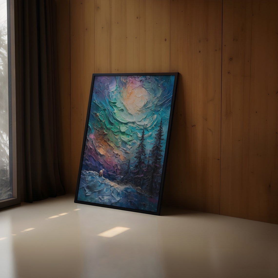 Distant Polar Bear on Ice Under Pastel Aurora Pines Scene Poster - Image 2