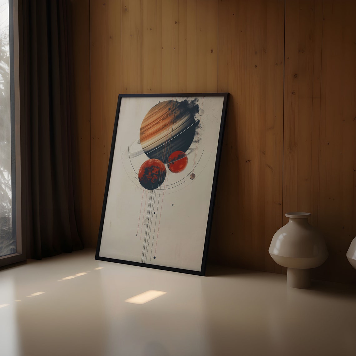 Watercolor Banded Giant Planet Red Moons Ink Lines Abstract Wall Art - Image 2