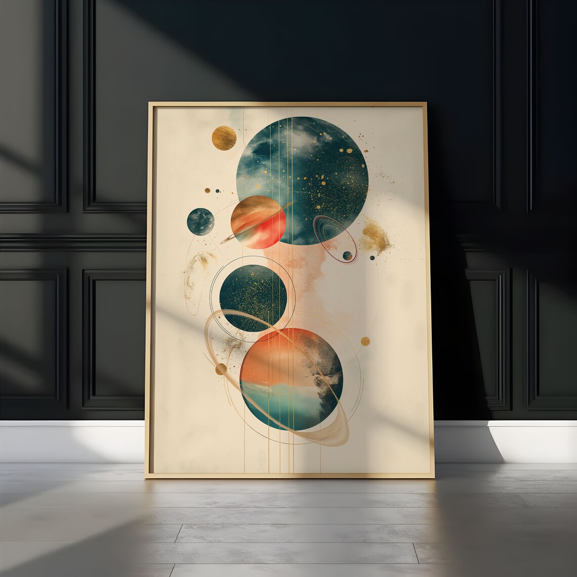 Teal Coral Planets Gold Orbit Rings Abstract Celestial Cream Poster Art - Image 3