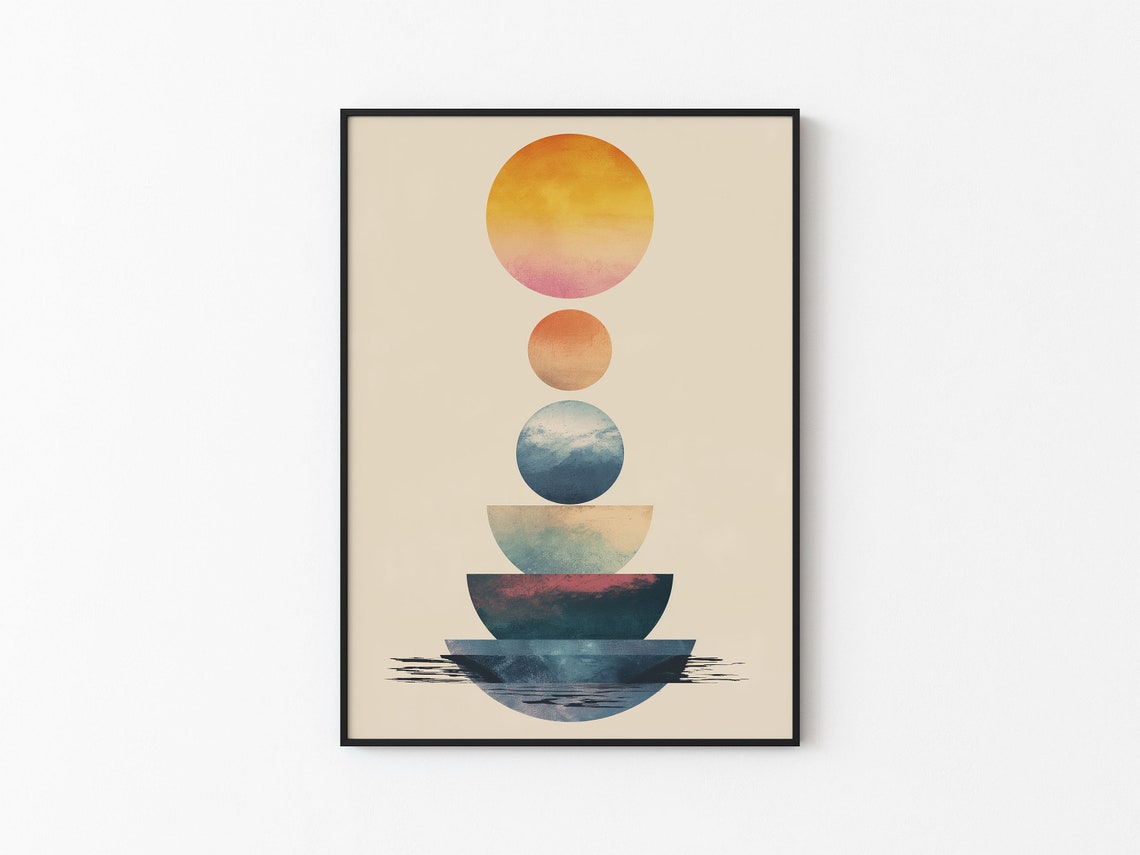 Abstract Sunset Orb Stack Sinking Water Horizon Minimalist Wall Art