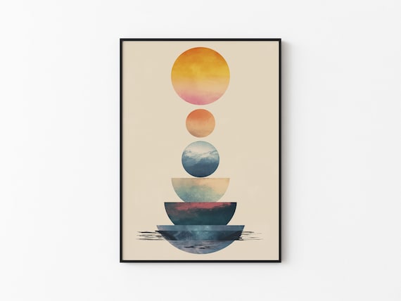 Abstract Sunset Orb Stack Sinking Water Horizon Minimalist Wall Art