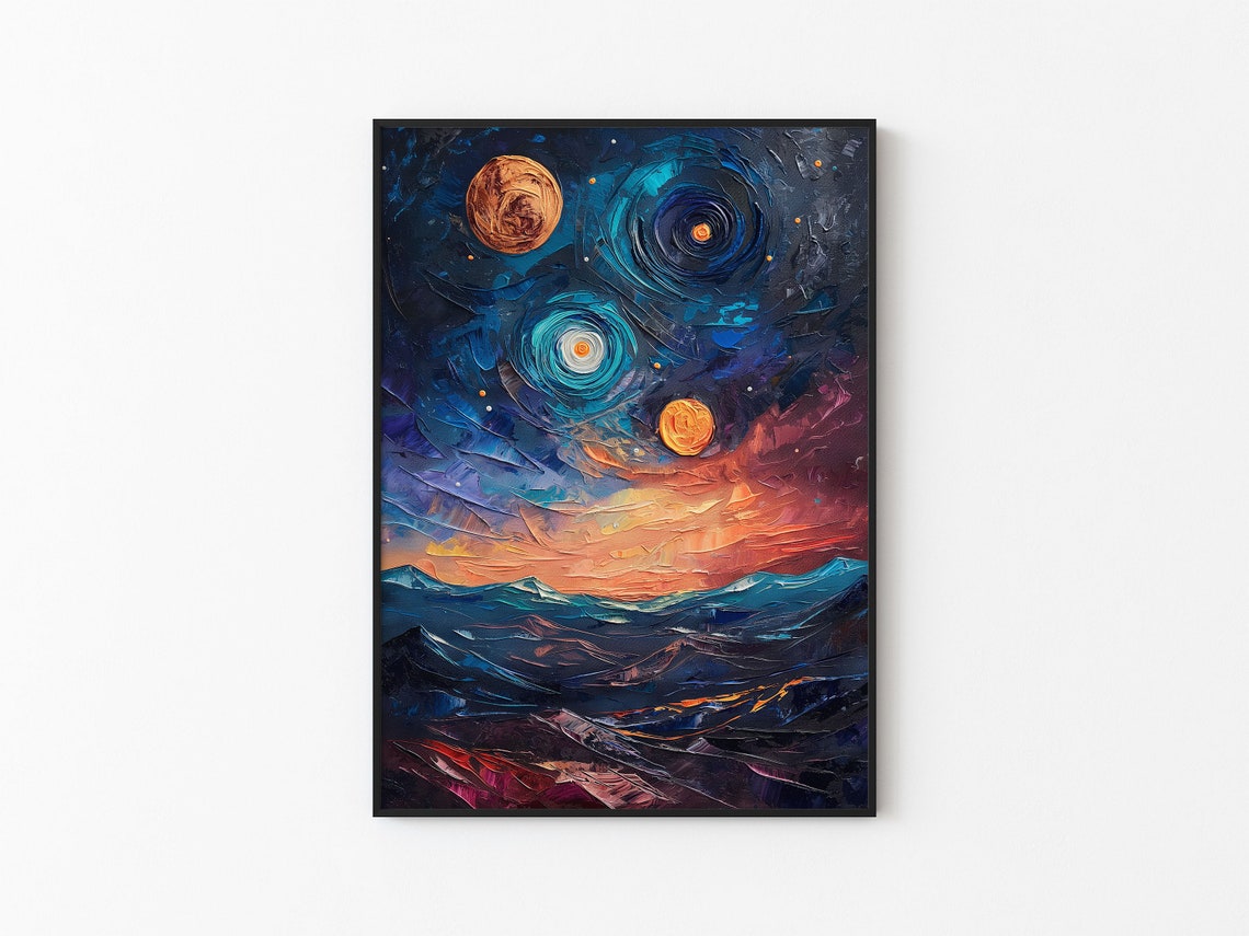 Starry Blue Sky Twin Spiral Galaxies Sunset Mountain Art Poster