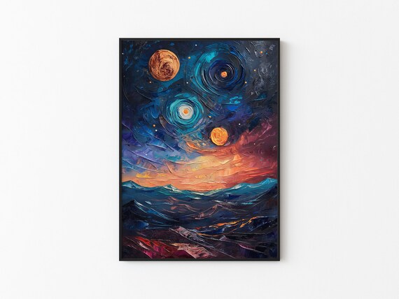 Starry Blue Sky Twin Spiral Galaxies Sunset Mountain Art Poster