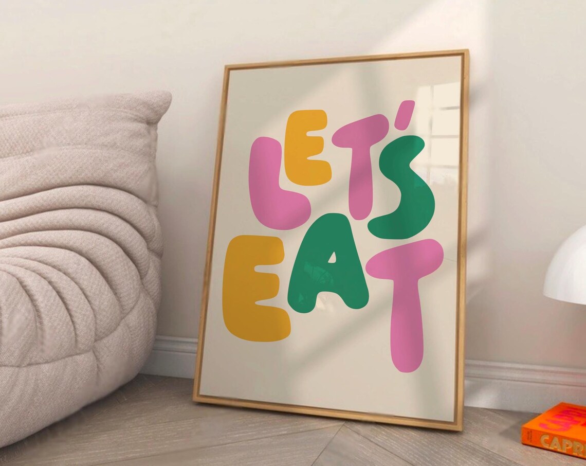 Let Us Eat Bold Colorful Kitchen Typography Wall Art Foodie Decor