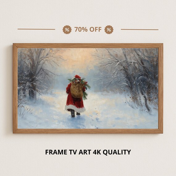 Santa Claus Snowy Forest Path Gift Sack Christmas Vintage Poster