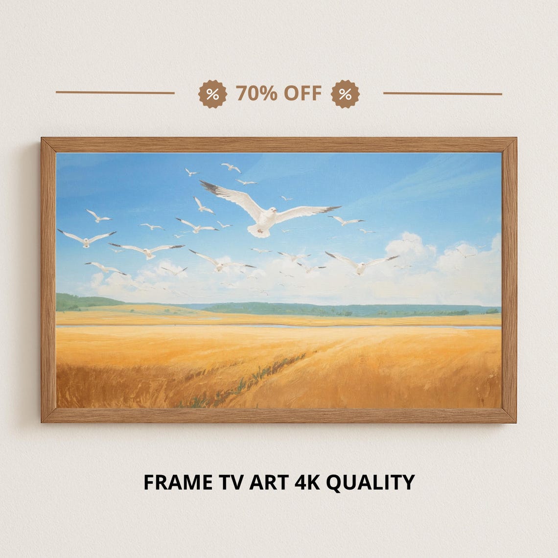 Seagull Flock Over Golden Wheat Field Blue Sky Countryside Poster
