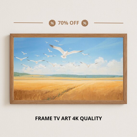 Seagull Flock Over Golden Wheat Field Blue Sky Countryside Poster