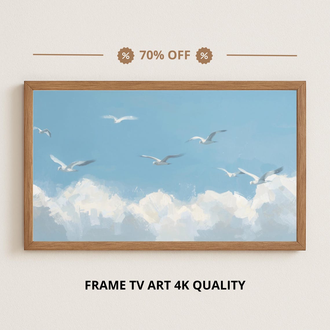 Seagulls Flying Over Clouds Blue Sky Peaceful Ocean Birds Poster