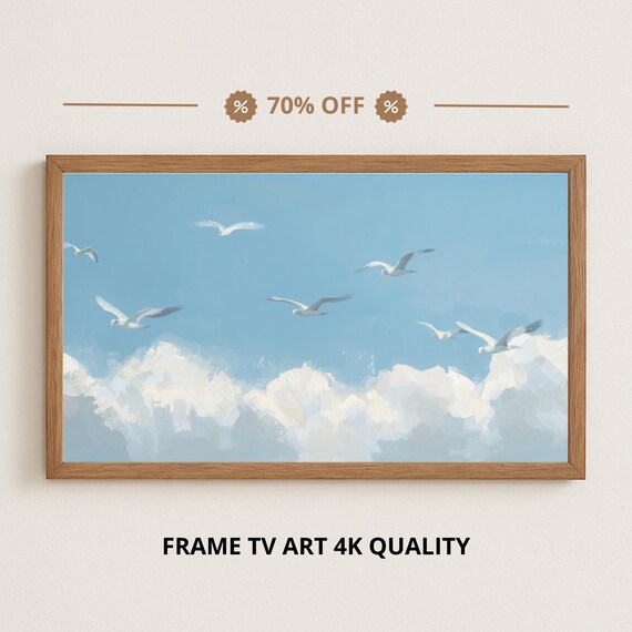 Seagulls Flying Over Clouds Blue Sky Peaceful Ocean Birds Poster