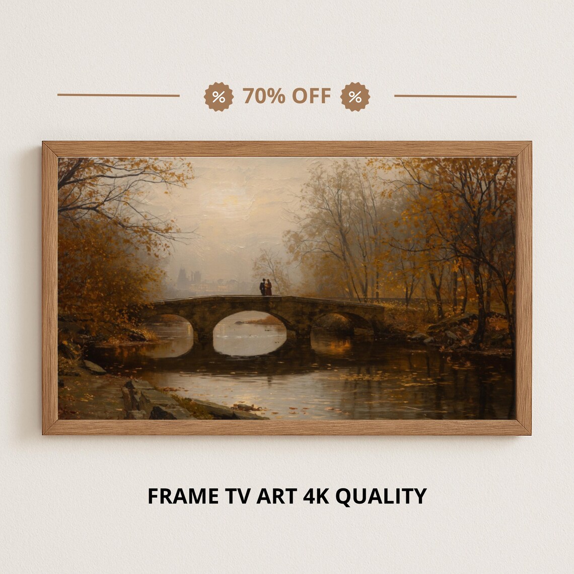 Autumn Stone Bridge Over River At Dusk Golden Foliage Romantic Art Poster