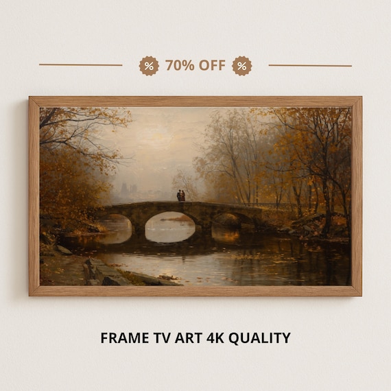 Autumn Stone Bridge Over River At Dusk Golden Foliage Romantic Art Poster