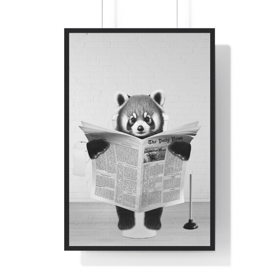 Red Panda Reading Newspaper on a Toilet Funny Bathroom Poster
