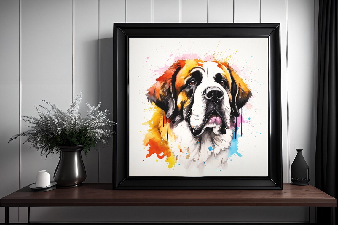 Saint Bernard Watercolor Splatter Portrait Gentle Dog Poster