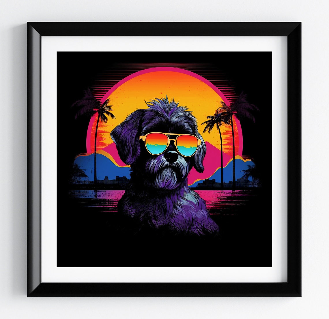 Miniature Schnauzer Big Retro Sun Palm Synthwave Cool Dog Poster
