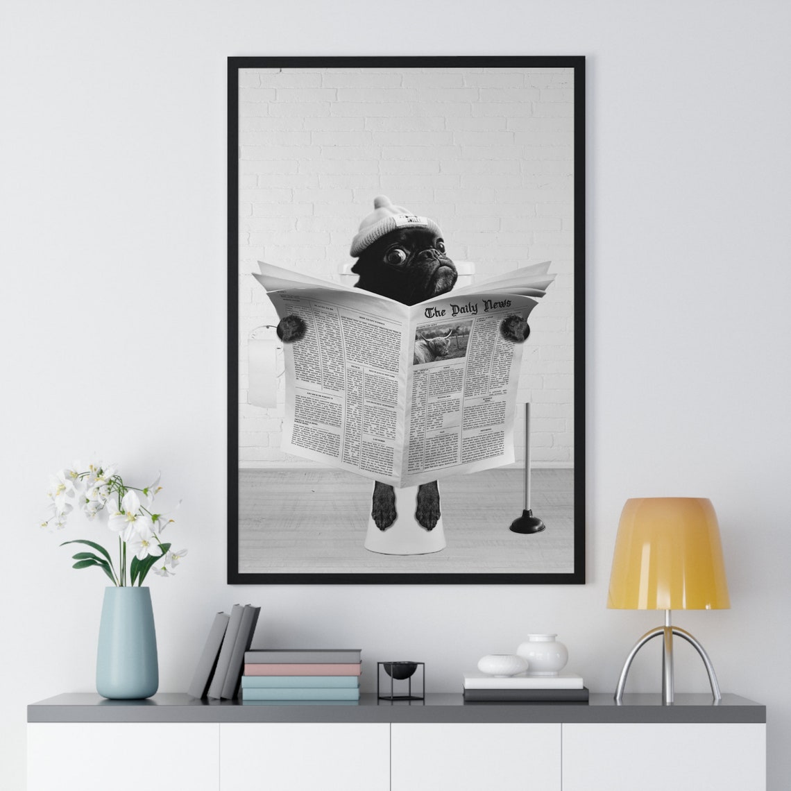 Funny Pug Wall Art Funny Bathroom Print Toilet Poster Bathroom Art Funny Pug Black And White - Image 2