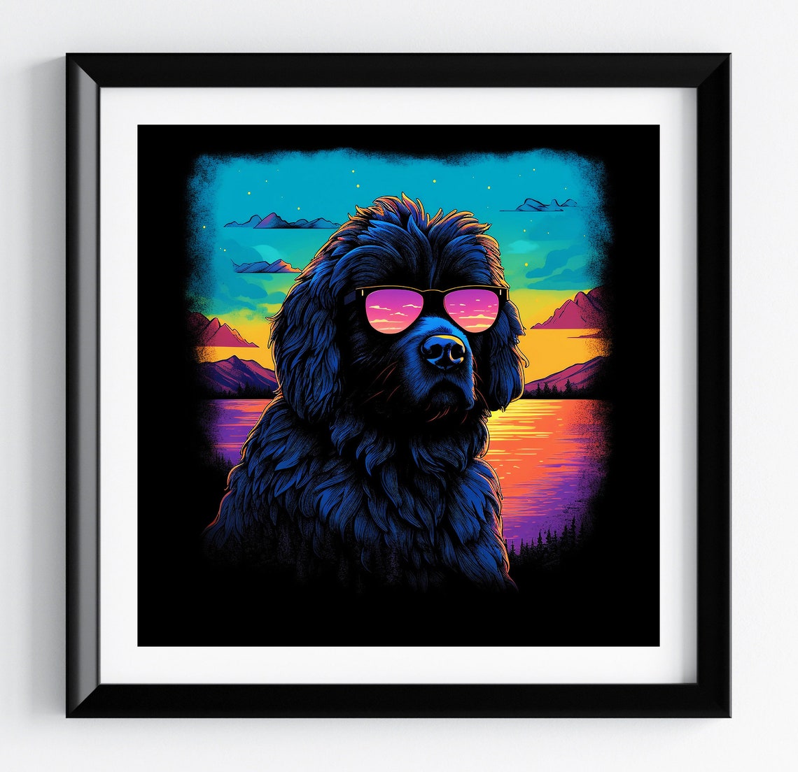 Newfoundland Mountain Lake Neon Sunset Retro Dog Portrait Poster
