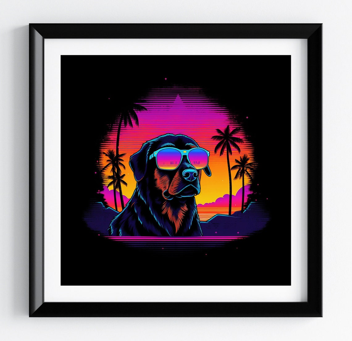 Rottweiler Neon Gradient Sky Palm Sunset Dog Portrait Poster