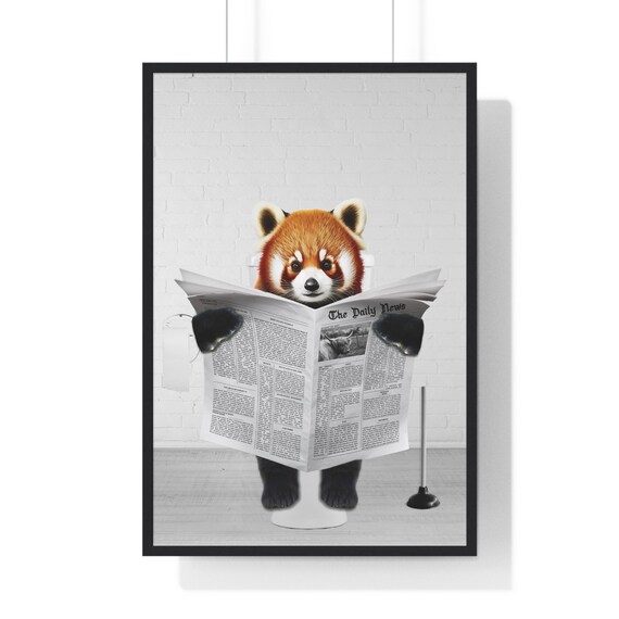 Red Panda Reading the News on the Toilet Funny Bathroom Poster