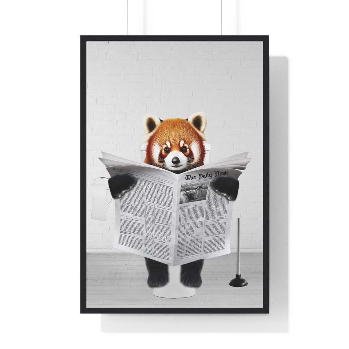 Red Panda Reading the News on the Toilet Funny Bathroom Poster