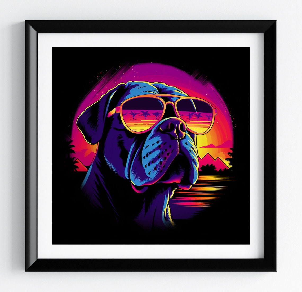 English Bulldog Retro 80s Neon Synthwave Sunset Portrait Poster