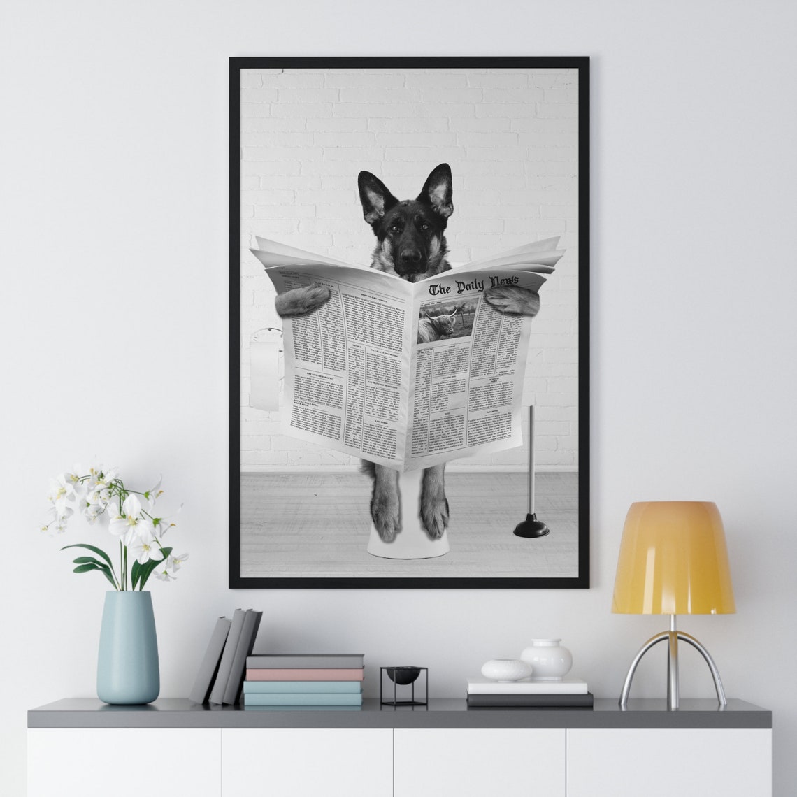 German Shepherd Reading Newspaper While Sitting On Toilet Poster - Image 2