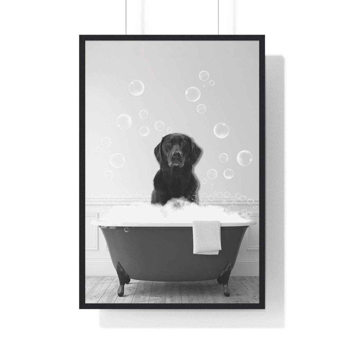 Labrador Retriever Dog in a Bubble Bath Funny Black and White Poster