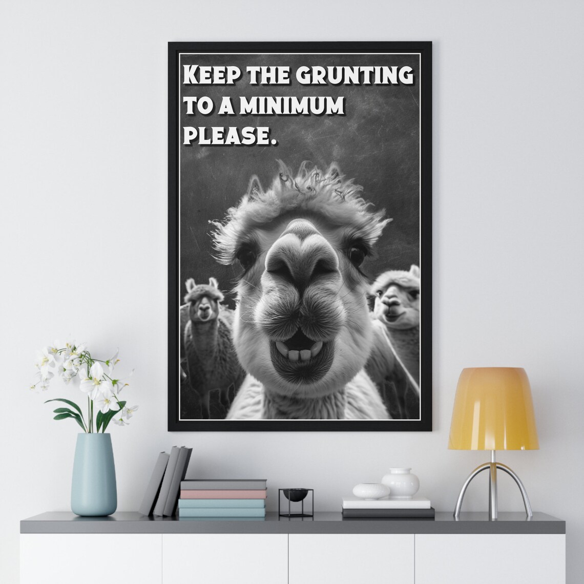 Black And White Goofy Alpaca Selfie Keep Grunting Minimum Funny Bathroom Poster - Image 2