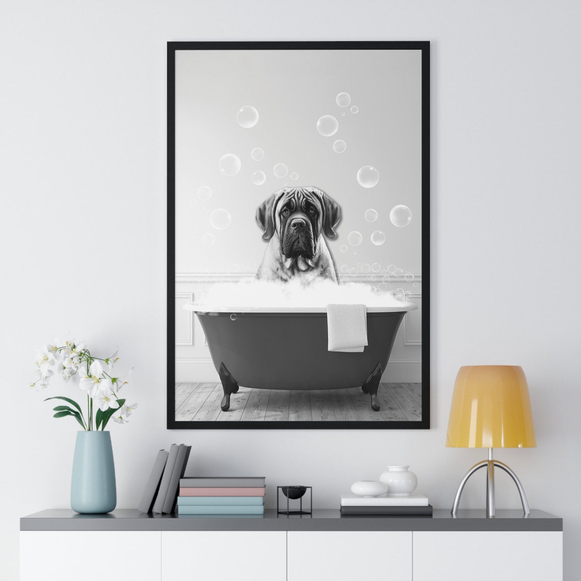 English Mastiff Dog Sitting in a Bubble Bath Black and White Poster - Image 2