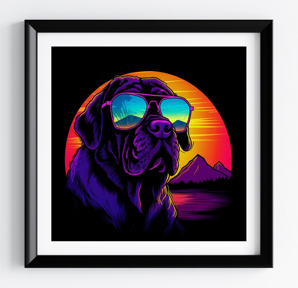 English Mastiff Mountain Sunset Neon Aviator Retro Dog Poster